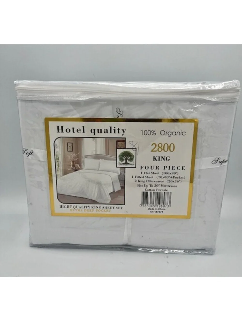 White Four-Piece King Size Sheet Set 100% Organic Cotton Percale, NIB